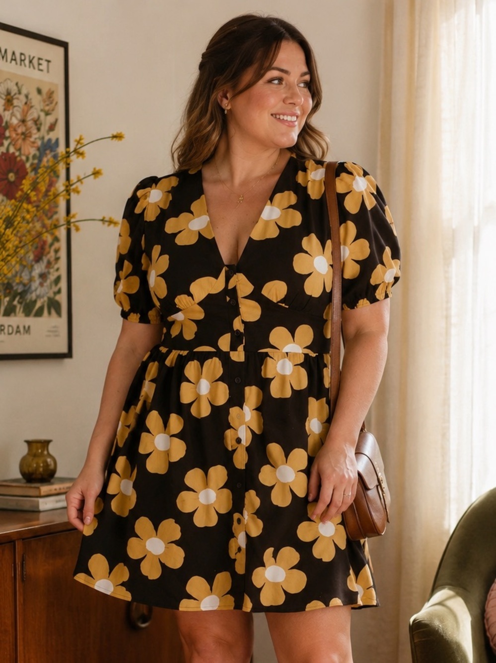 Jacquie The Label Womens Take My Hand Dress Sz Large Brown Retro Floral Mini